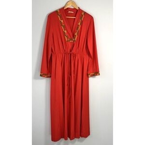 Vtg JC Penney Robes Red Embroidered Lounge Dress‎ L Maxi Boho Peasant READ